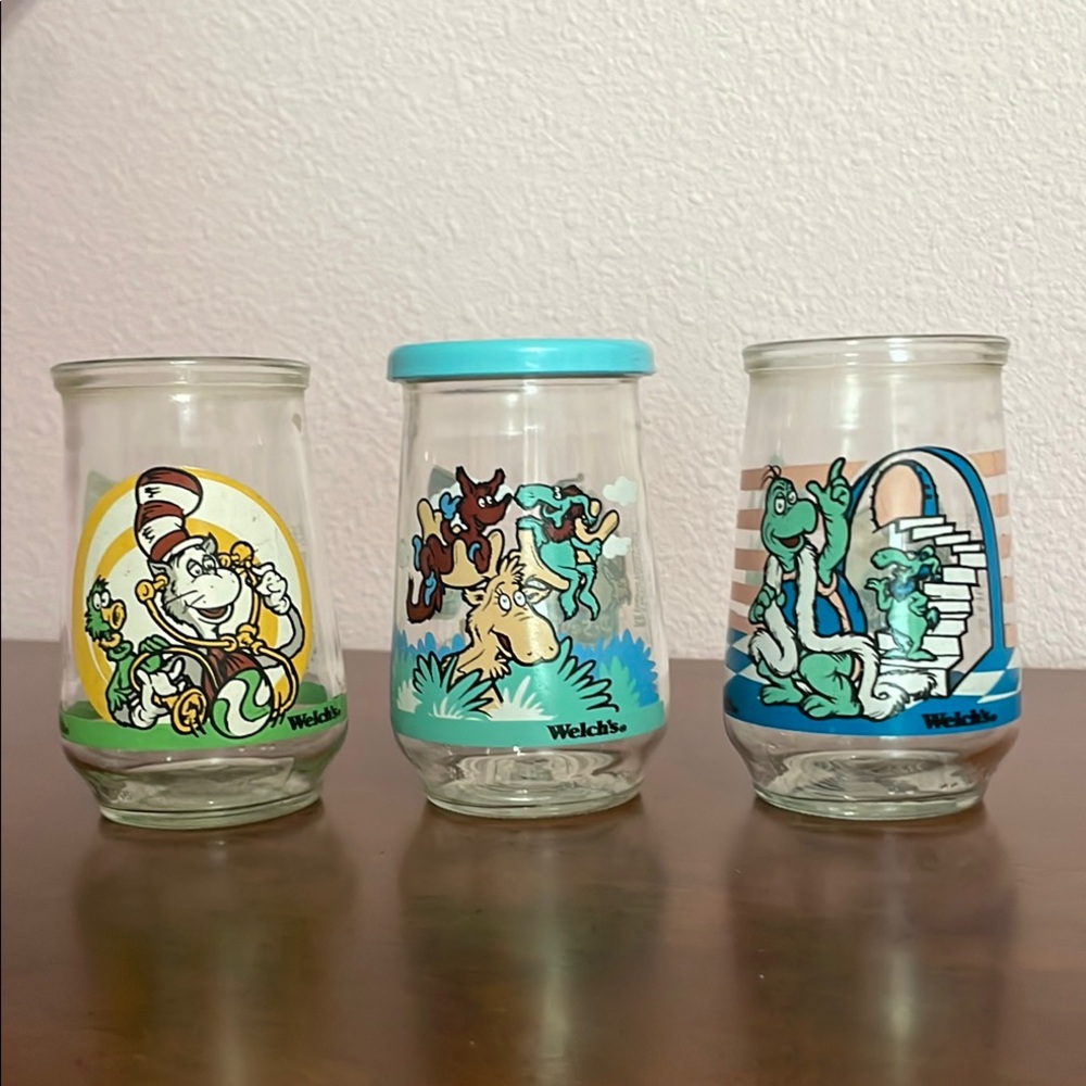 Vintage 1996 Welch's Dr. Seuss Jelly Jar/Juice Glasses Set
